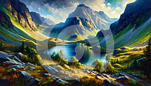 a lifelike image of a secluded lake nestled in a remote, mountainous region. impressionism painting, Generative Ai photo