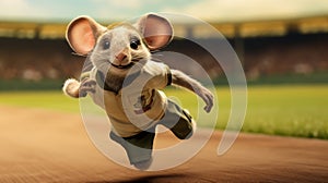 Lifelike Mouse In Baseball Uniform Running In Stadium