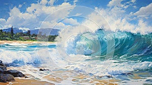 Lifelike Ocean Wave Painting: Gulf Of Mexico Waves Crashing Onto Waimea Bay Shore