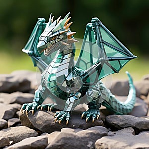 Lifelike origami dragon on a rock