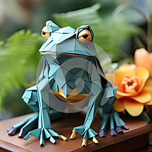 Lifelike origami frog on a lily pad