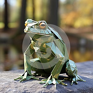 Lifelike origami frog on a lily pad