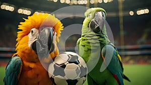 Lifelike Parrot Mascots In A Junglepunk Soccer Stadium