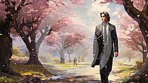 Lifelike Portrait Of Charles Walking In Cherry Blossom Park photo