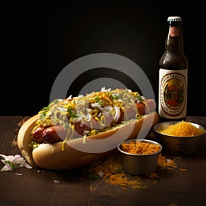 Lifelike Renderings Of A Hot Dog And Beer On A Table