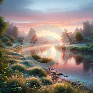 A lifelike scene of a riverbank at sunrise, with soft light illuminating the landscape. Generative Ai