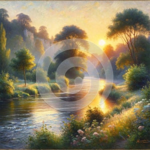 A lifelike scene of a riverbank at sunrise, with soft light illuminating the landscape. Generative Ai