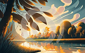 A lifelike scene of a riverbank at sunrise, with soft light illuminating the landscape. Generative Ai photo