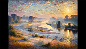 A lifelike scene of a riverbank at sunrise, with soft light illuminating the landscape. Generative Ai photo
