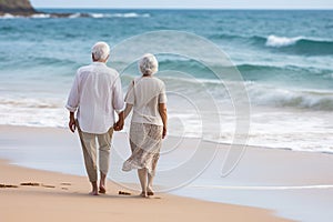 Lifelong Bonds: Elderly Couple\'s Beachside Walk at Sunset