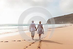 Lifelong Bonds: Elderly Couple\'s Beachside Walk at Sunset