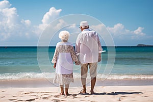 Lifelong Bonds: Elderly Couple\'s Beachside Walk at Sunset