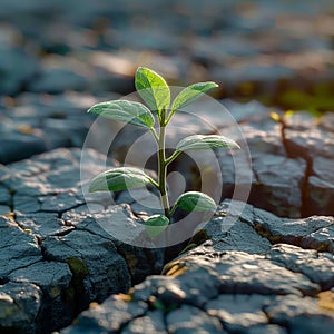 Lifes perseverance Green plant emerges through cracks in rocky terrain