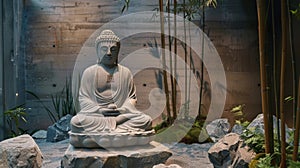 A lifesized sculpture of a meditating Buddha sits in a tranquil corner of the exhibit. Its smooth serene expression and photo