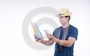 Lifestyle adventure leisure travel concept. Confident handsome traveler young man wear blue casual and hat with camera holding map