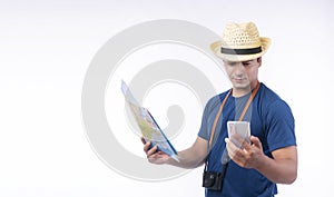 Lifestyle adventure leisure travel concept. Confident handsome traveler young man wear blue casual and hat with camera holding map