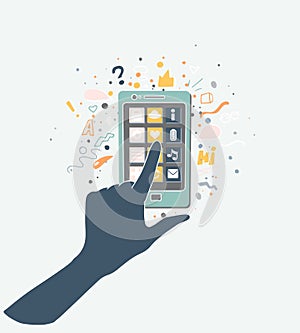 Lifestyle background with hand touching smartphone. Bright vector