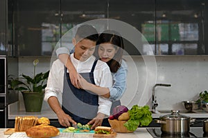 Lifestyle background of happy asian couple husband and wife having goodtime together in kitchen preparing food for launch photo