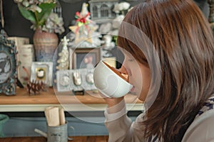 Lifestyle background woman holding cup and drinking coffee in restaurant