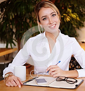 De joven hermoso mujer de negocios en computadora portátil 