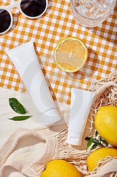 Lifestyle concept for advertising cosmetic with lemon ingredient.