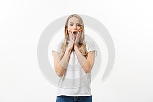 Lifestyle Concept: Portrait of happy blond surprised young woman on white background.