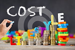 Lifestyle cost or cost of living concept with colourful letters on ascending piles of money