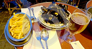 Lifestyle Delicious France Paris Mont Marte Blue Mussels Chips Moules Frites French Fries Belgian Bistro Style Dining Restaurant