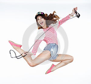 Lifestyle. Dynamic Animated Funny Woman Jumping. Freedom