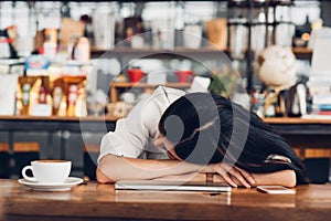 Lifestyle freelance woman he has resting sleeping after hard work long time