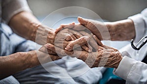 Lifestyle and Friendships theme. Elderly female doctor holds a young