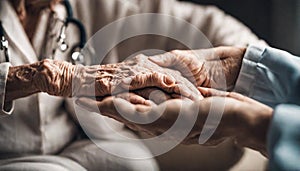 Lifestyle and Friendships theme. Elderly female doctor holds a young