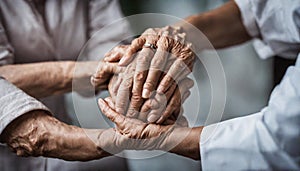 Lifestyle and Friendships theme. Elderly female doctor holds a young