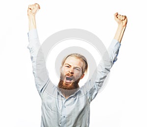 lifestyle, happiness and people concept: young positivity bearded man showing hand up and screaming