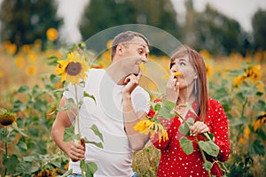 Lifestyle Happy lover couple family in field sunflowers in red dress, sunlight
