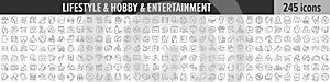 Lifestyle, Hobby and Entertainment linear icon collection. Big set of 245 Lifestyle, Hobby and Entertainment icons. Thin line