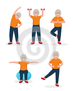 Lifestyle icons set with sports senior woman