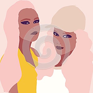 Lifestyle Illustration of two biracial or multiracial trendy fashion girl. woman with brown skin having fun. Concept of girlpower.