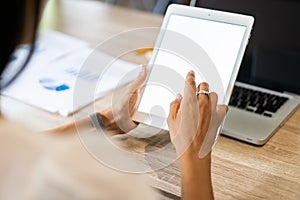 Lifestyle with modern woman using tablet or Ipad with hand holding touchscreen. Hands of working woman with Smart Tablet