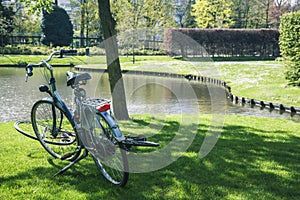 Lifestyle people concept: couple of bicycle on green grass in summer park at fountain