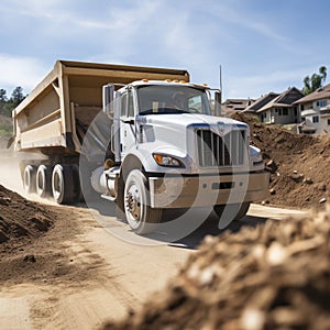 lifestyle photo dump truck emptying earth at construction site