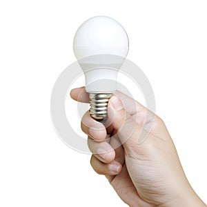 lifestyle photo hand holding a light bulb vertically by two fingers on white background innovation idea concept
