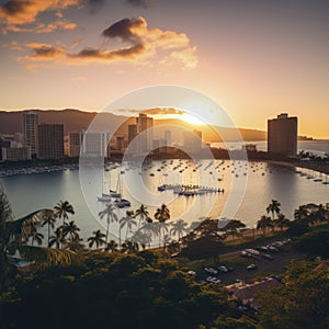 lifestyle photo honolulu sunset looking from Magic island from high altitude