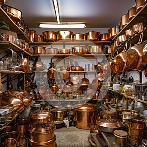 lifestyle photo iran stack of copper kettles inside shop