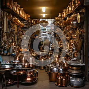 lifestyle photo iran stack of copper kettles inside shop