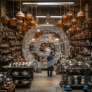 lifestyle photo iran stack of copper kettles inside shop