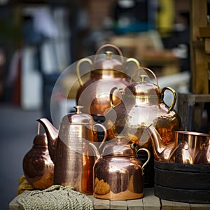 lifestyle photo iran stack of copper kettles outside shop