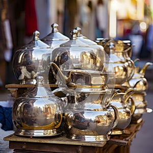 lifestyle photo iran stack of copper kettles outside shop