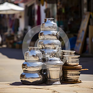 lifestyle photo iran stack of copper kettles outside shop