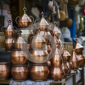 lifestyle photo iran stack of copper kettles outside shop